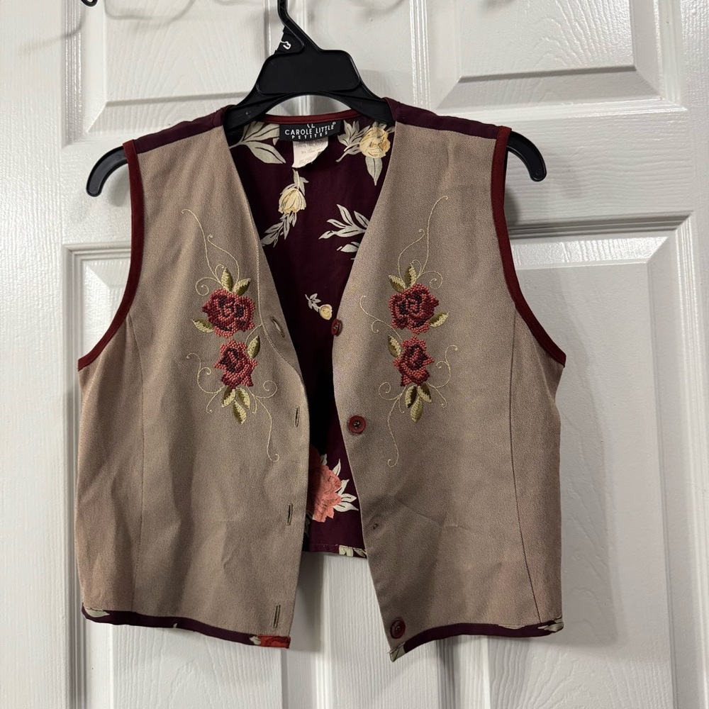 Carole Little Beige Vest with Burgundy Floral Embroidery